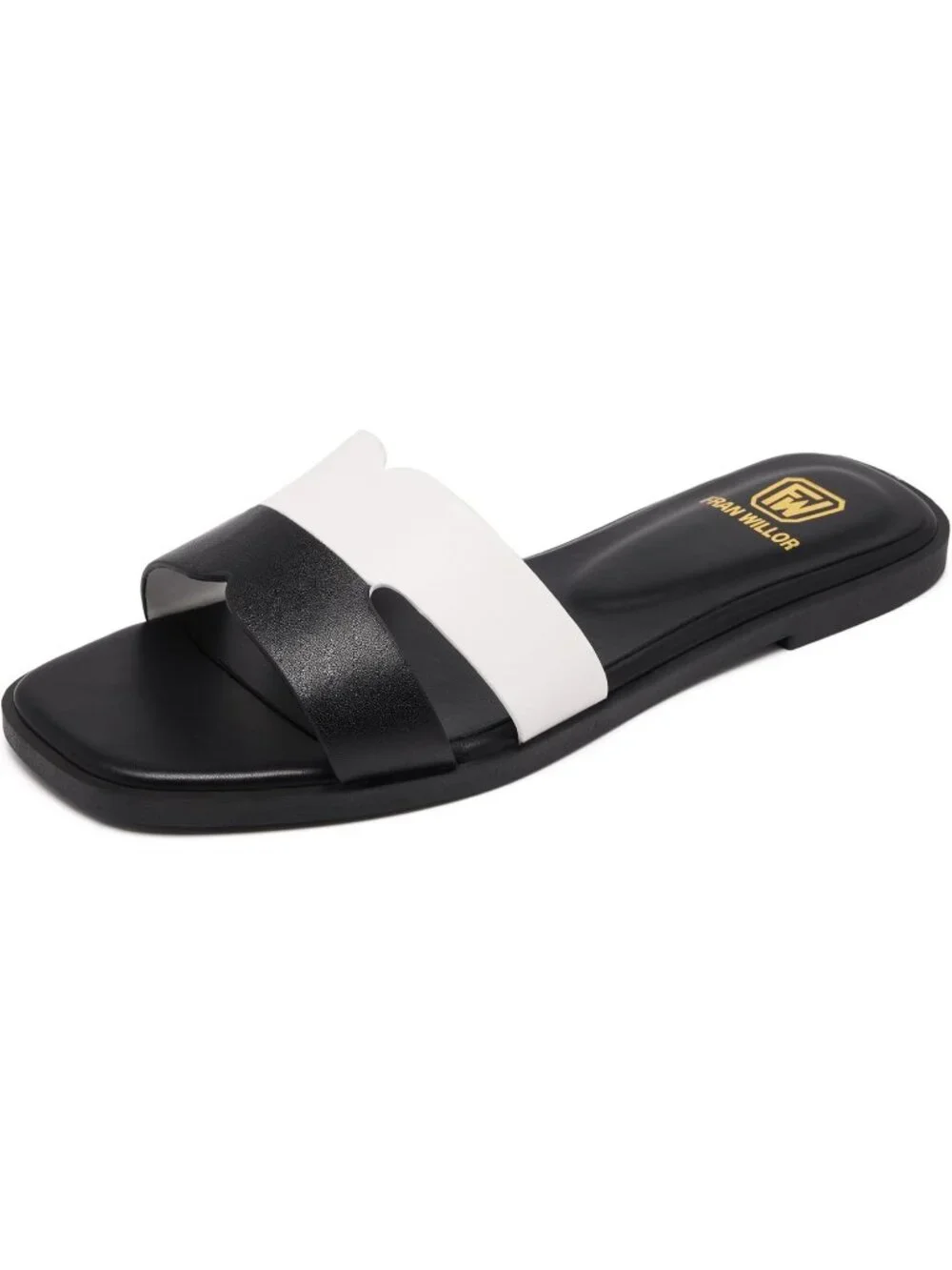 Women's Black White Flat Slides Fashion Square Open Toe Slip On Beach Sandal